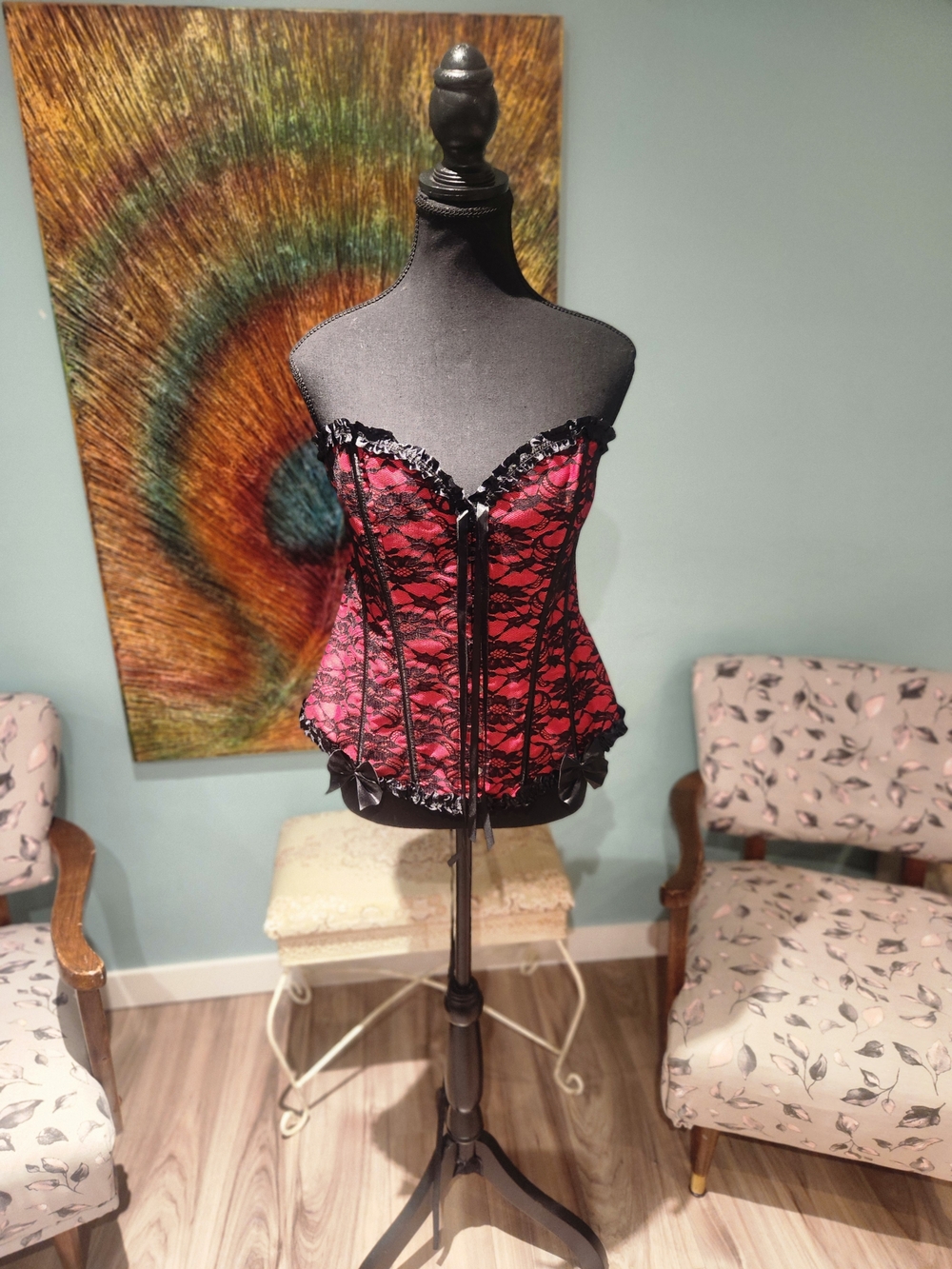 Red Lace Bustier Corset with Black Trim - Women's Shapewear